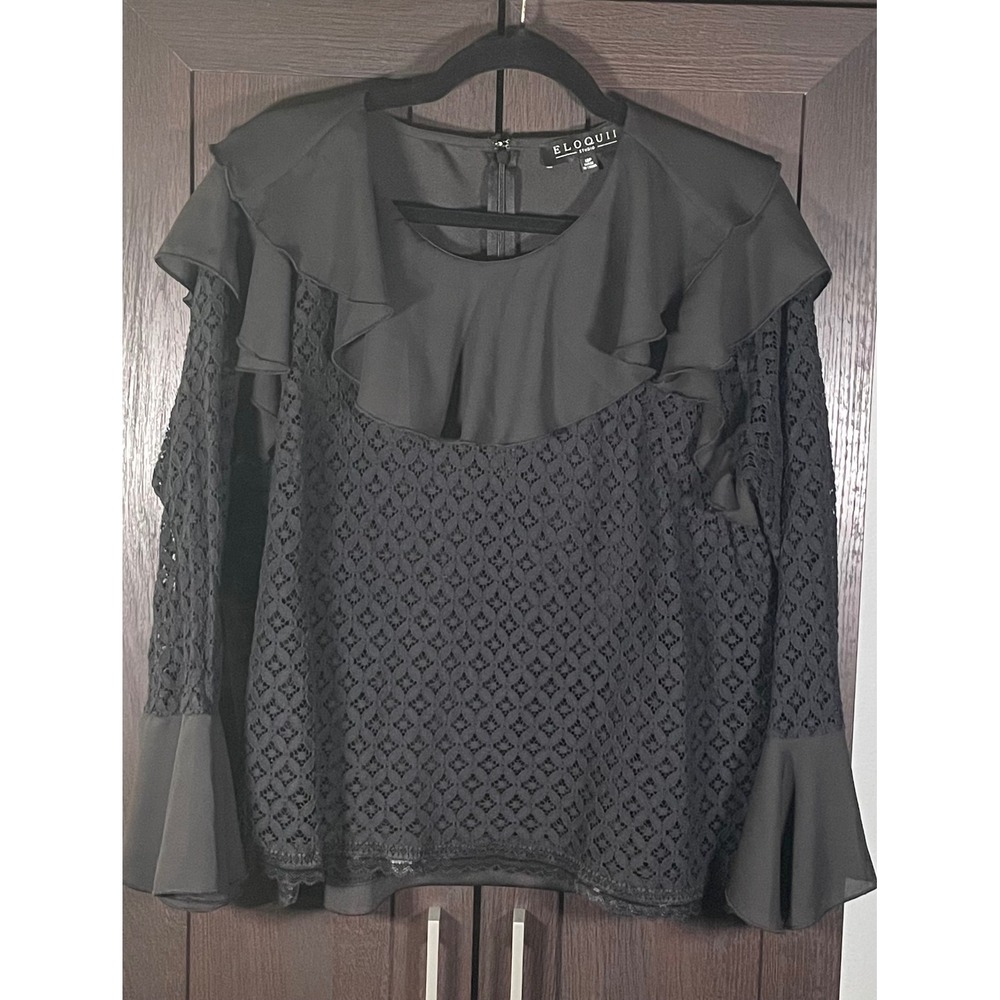 Eloquii Studio Womens Black Lace Ruffle Collar Bell Sleeve Goth Blouse Plus 18P